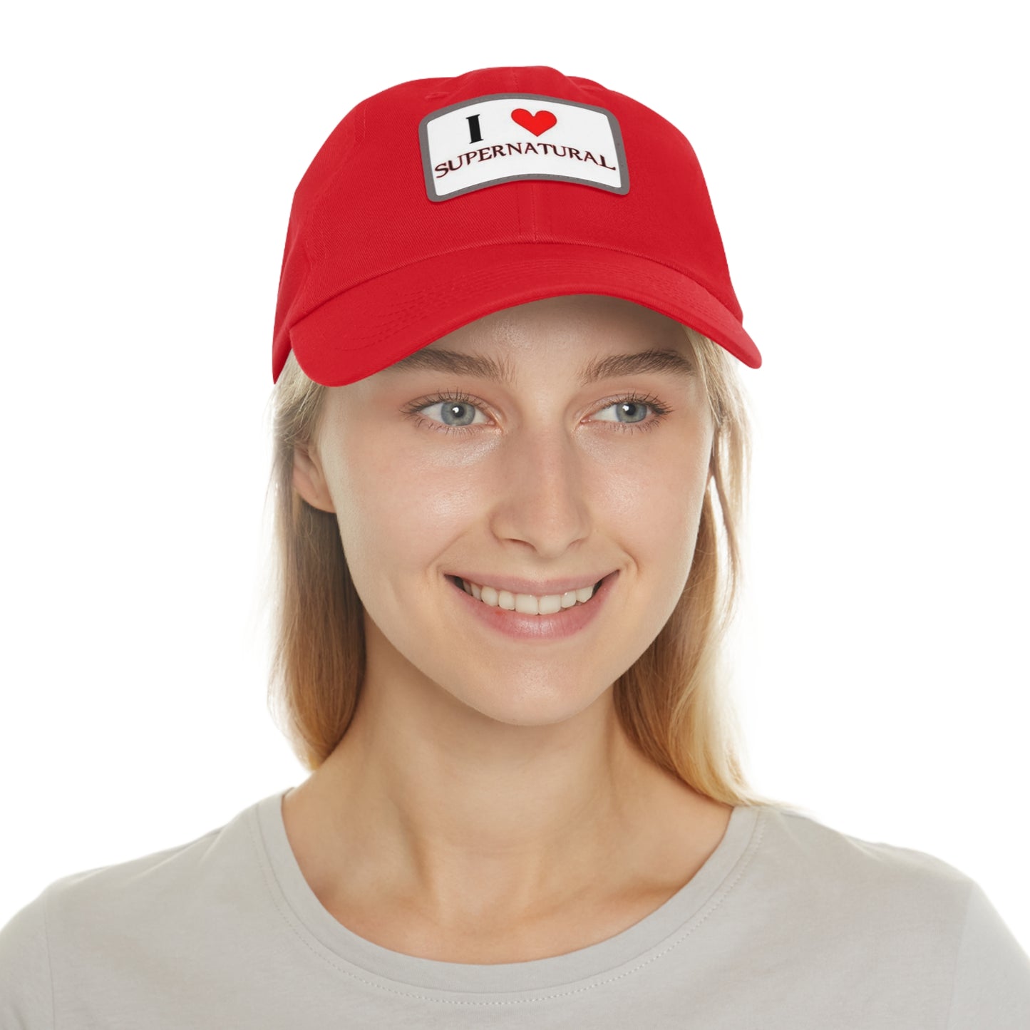 Supernatural "I love Supernatural" red Dad Hat with Leather Patch (Rectangle)