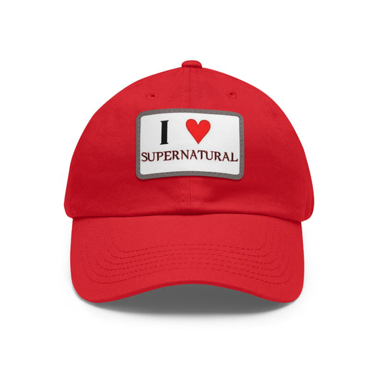 Supernatural "I love Supernatural" red Dad Hat with Leather Patch (Rectangle)